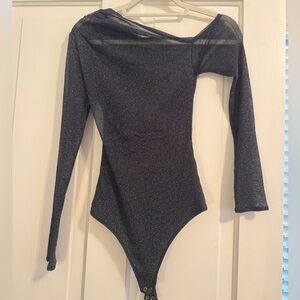 Long-Sleeve Asymmetrical Draped Mesh Bodysuit